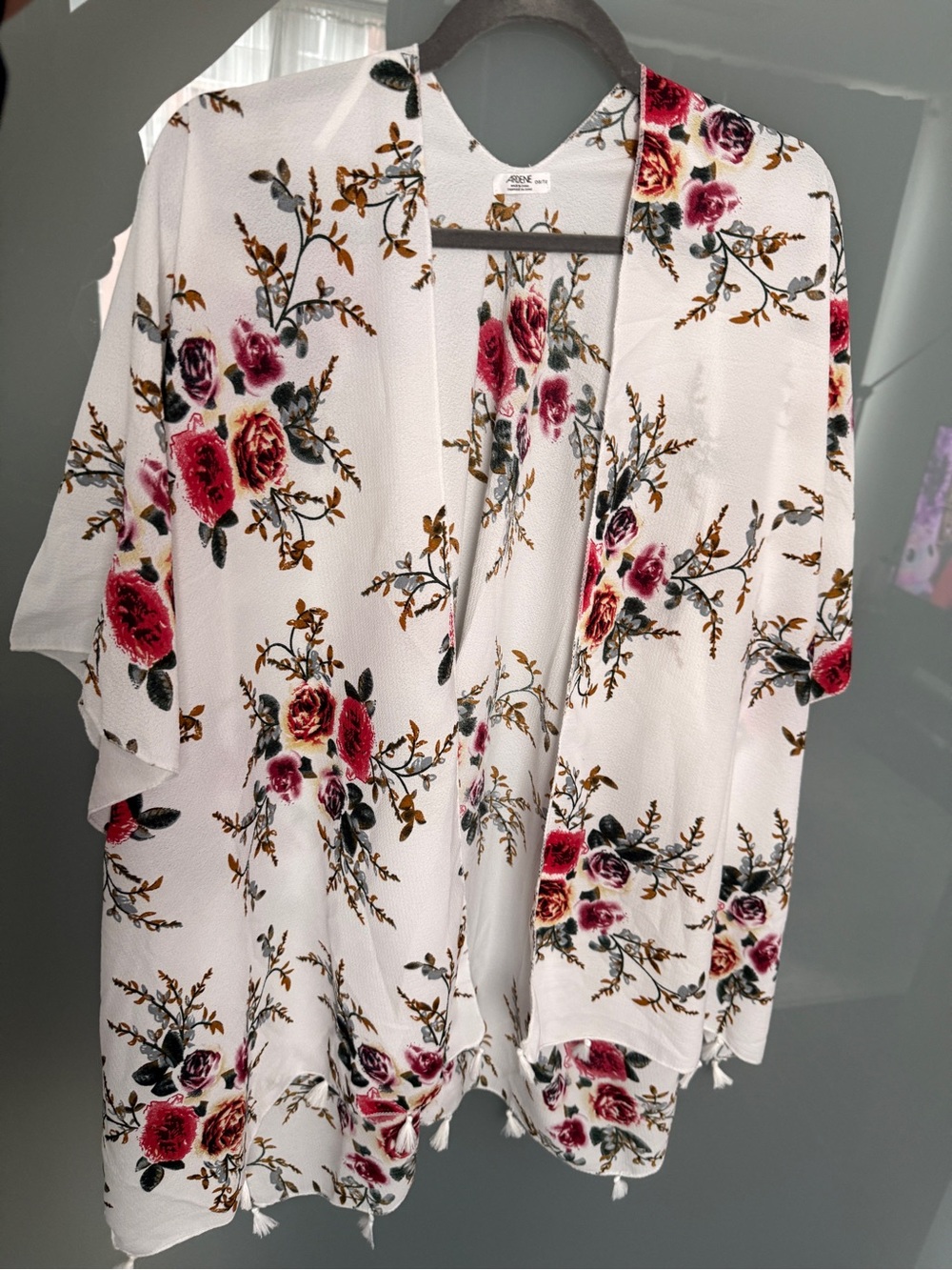 Ardene White Floral Open Front Kimono with Pink Rose Accents